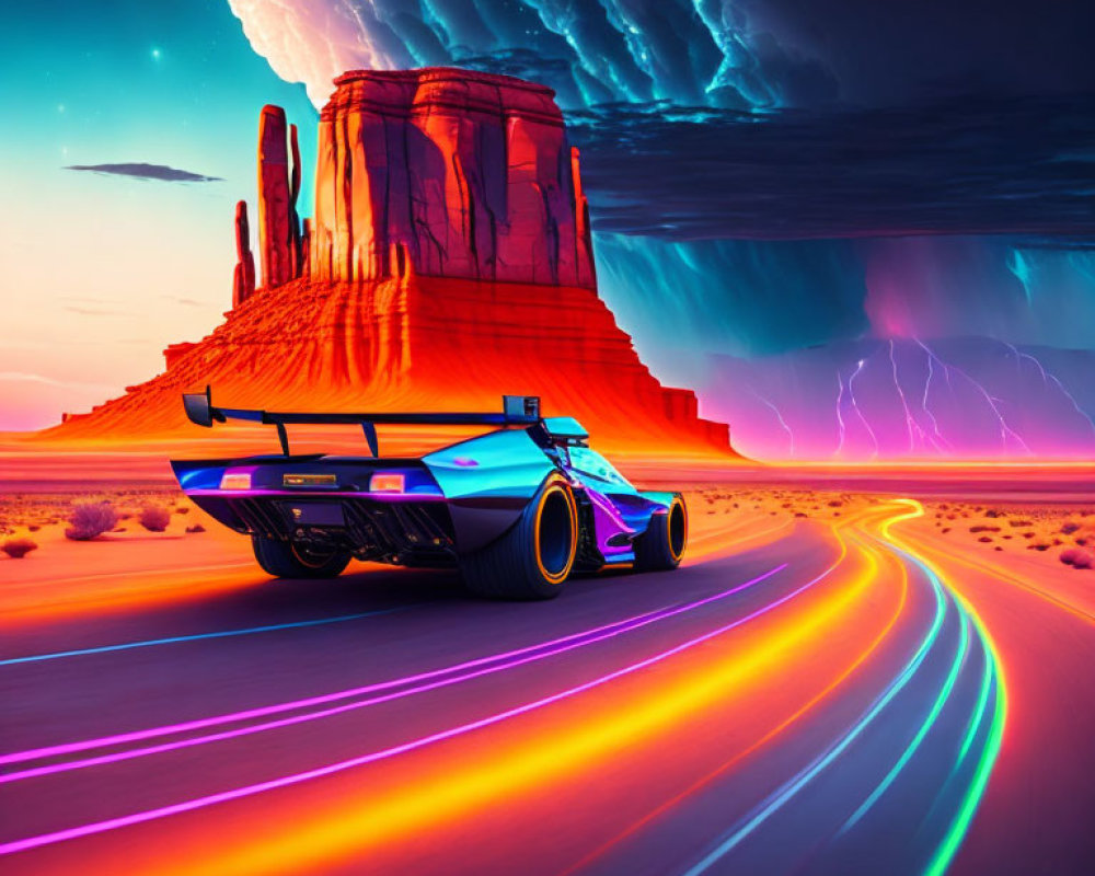 Futuristic car with neon underglow in desert storm with lightning