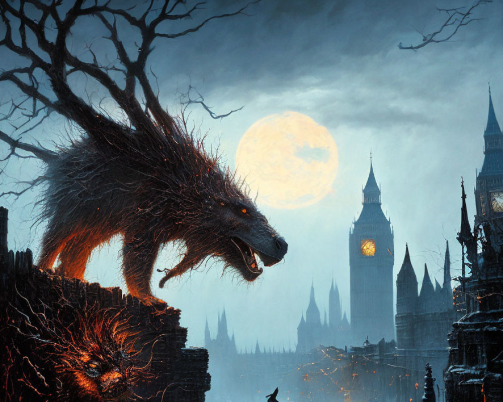 Monstrous wolf-like creature on gothic landscape with moon, castles, and trees.