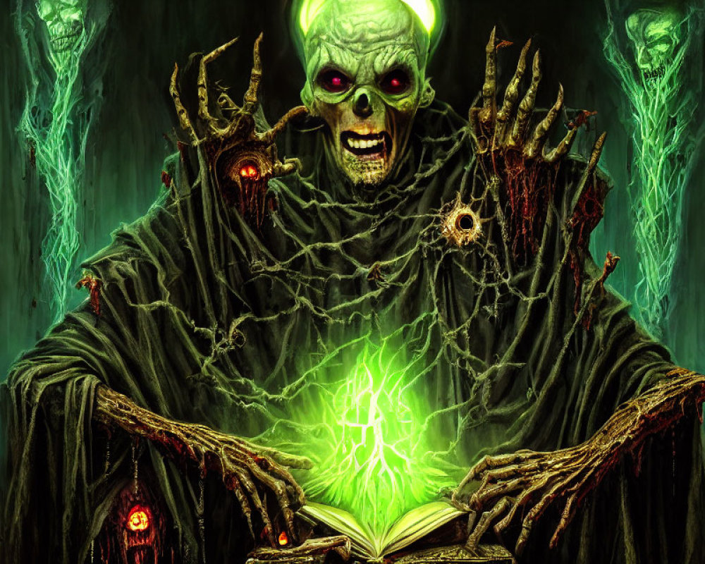 Sinister skeletal figure reading glowing book in eerie setting