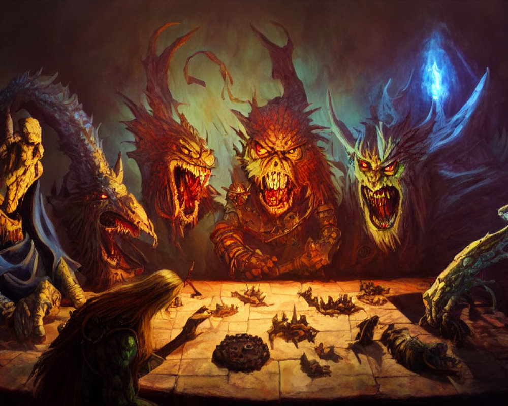 Fantasy-themed illustration of monstrous creatures around a chessboard