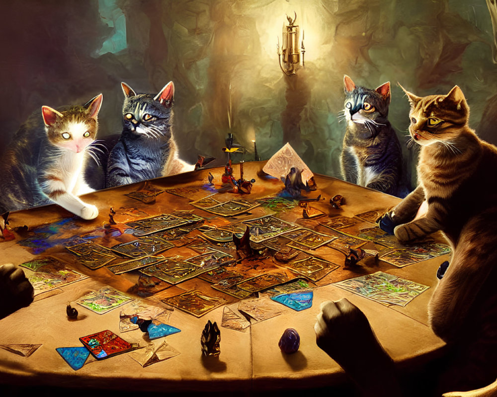 Four cats playing tabletop role-playing game with maps and dice