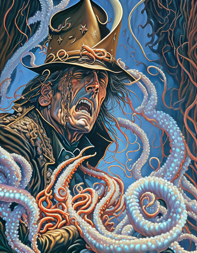 Vibrant wizard hat man surrounded by tentacles on blue background