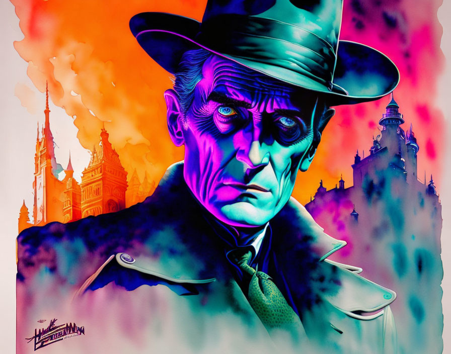 Colorful illustration of a stern man in fedora and trench coat with gothic buildings.