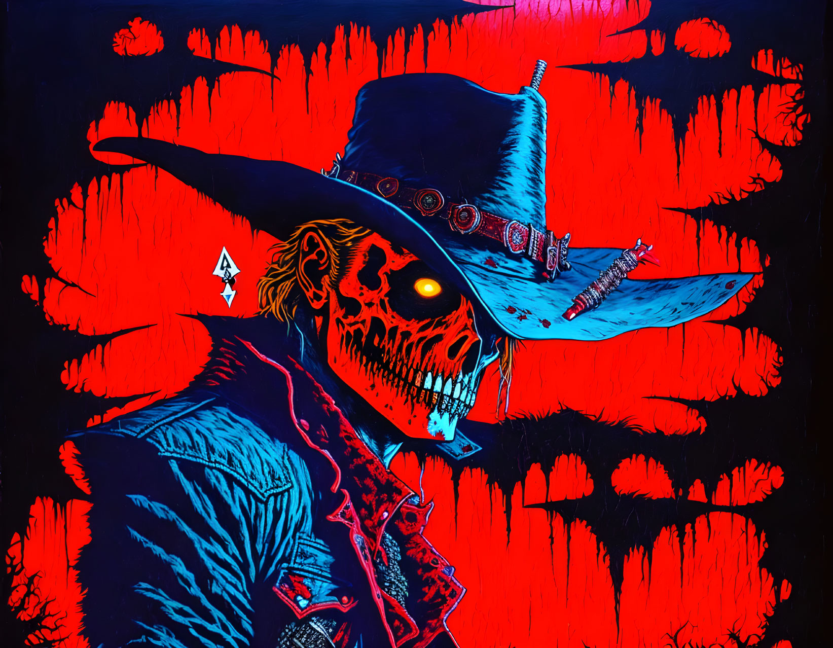 Skeletal Cowboy Hat Figure on Red Tree Background with Ace of Spades Motif