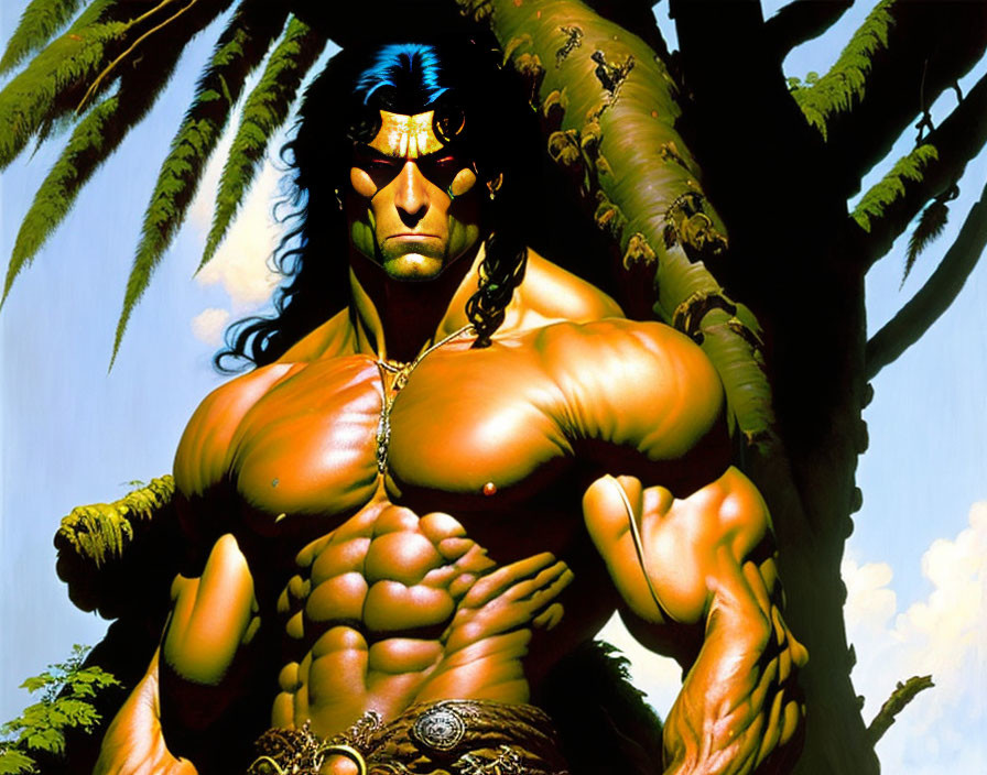 Muscular animated character with long black hair and blue headband standing under palm leaves against blue sky.