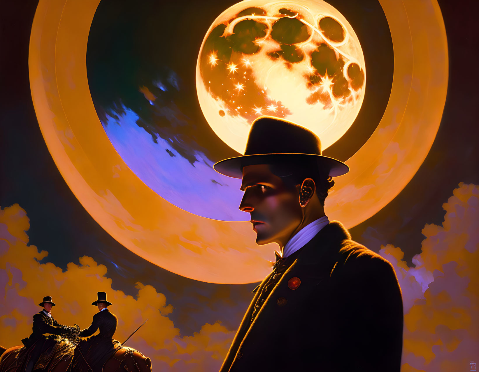 Stylized gentleman in suit and hat with glowing moon and horseback riders at twilight