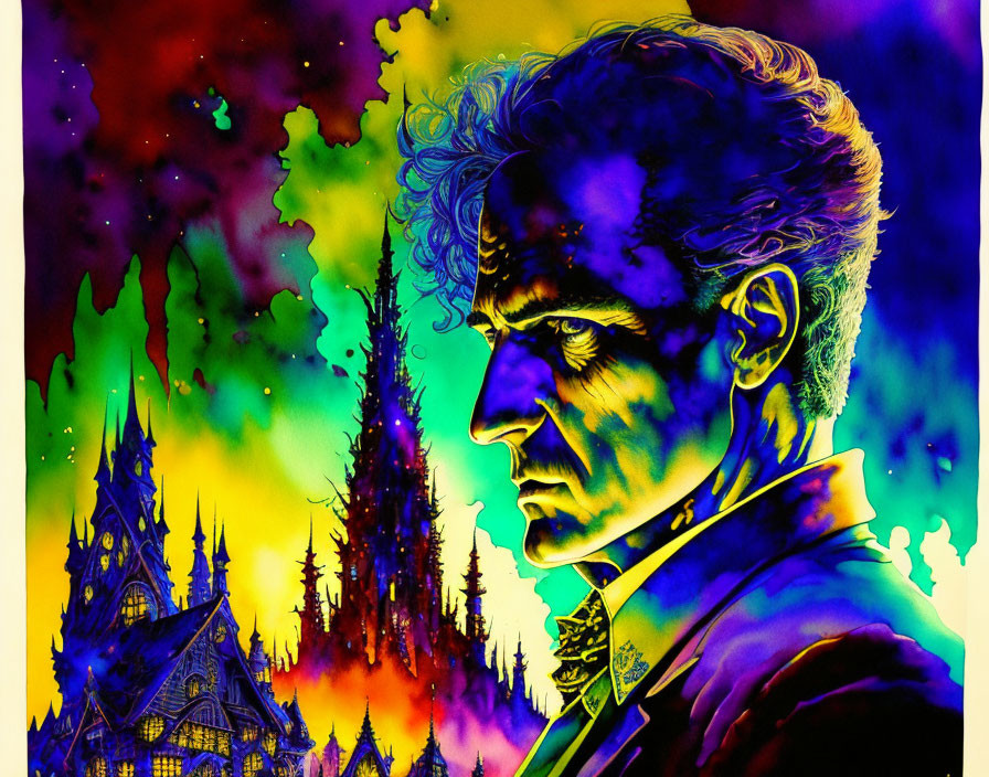 Colorful Artwork Featuring Contemplative Man Amid Cosmic and Gothic Elements