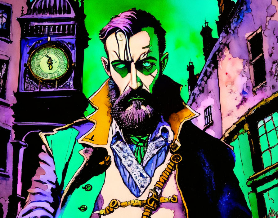 Enigmatic Man in Victorian Attire with Cityscape Background in Striking Purple and Green Hues