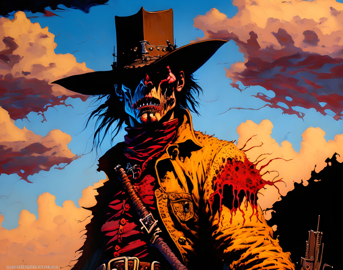 Undead cowboy with skeletal face in Western attire against orange and blue sky