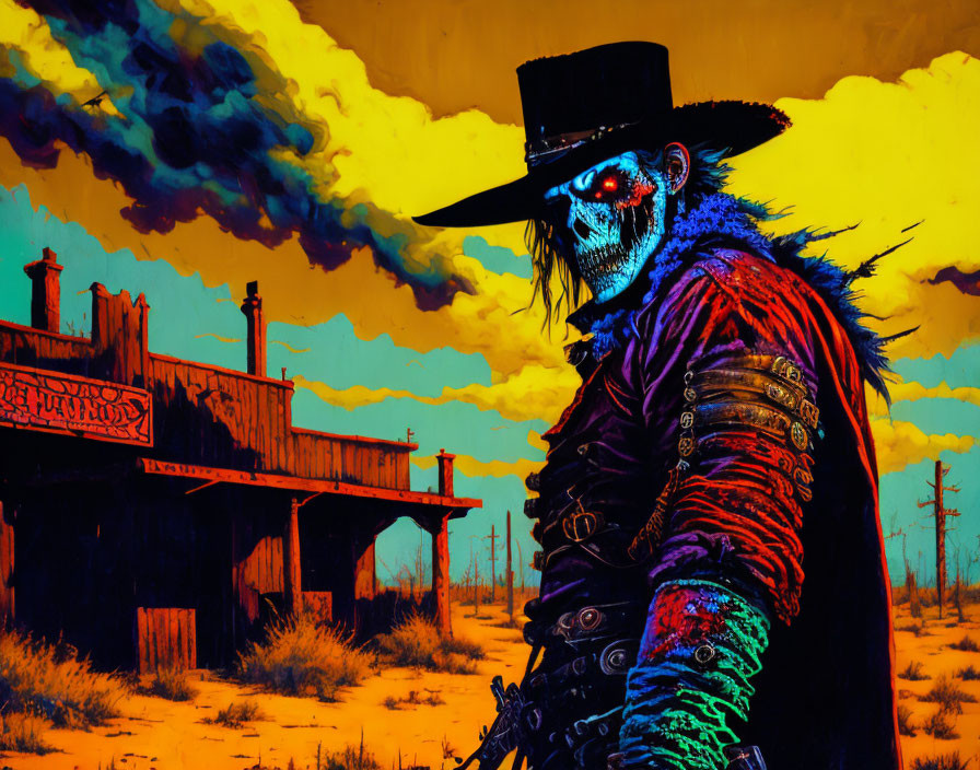 Colorful Skeleton Cowboy Illustration in Western Town Scene