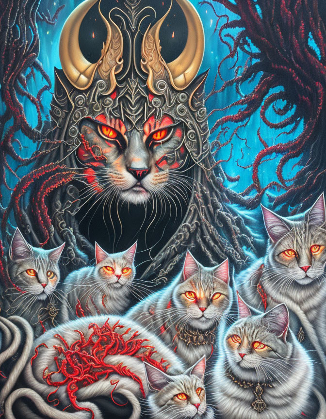 Fantasy illustration of majestic cat with glowing red eyes in ornate headdress