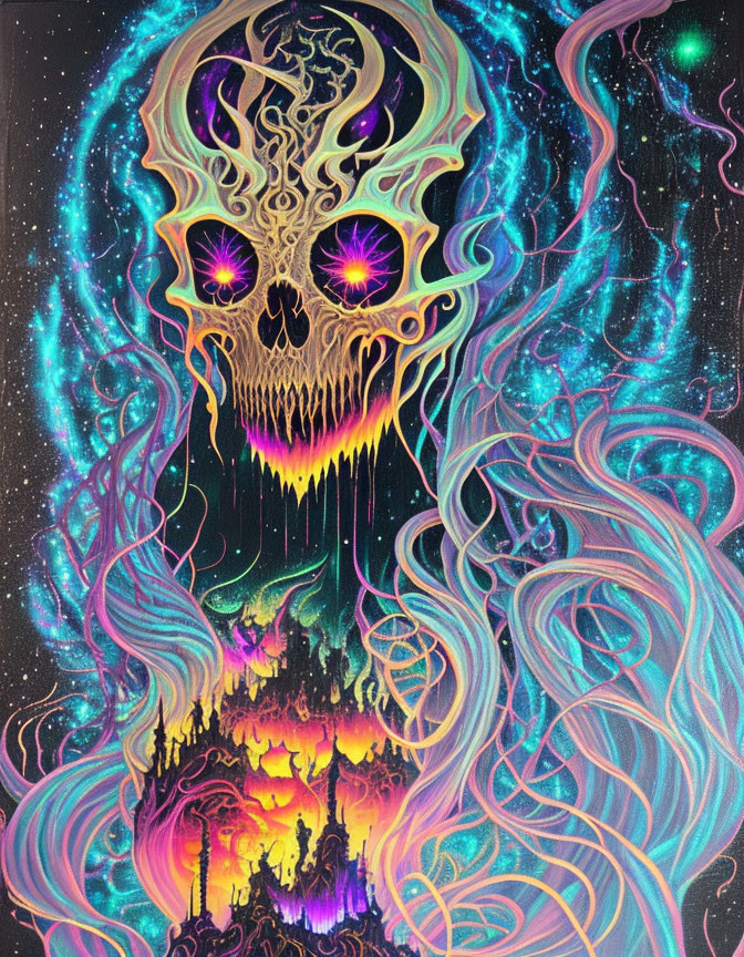 Colorful Psychedelic Skull Art with Cosmic Background and Melting Features