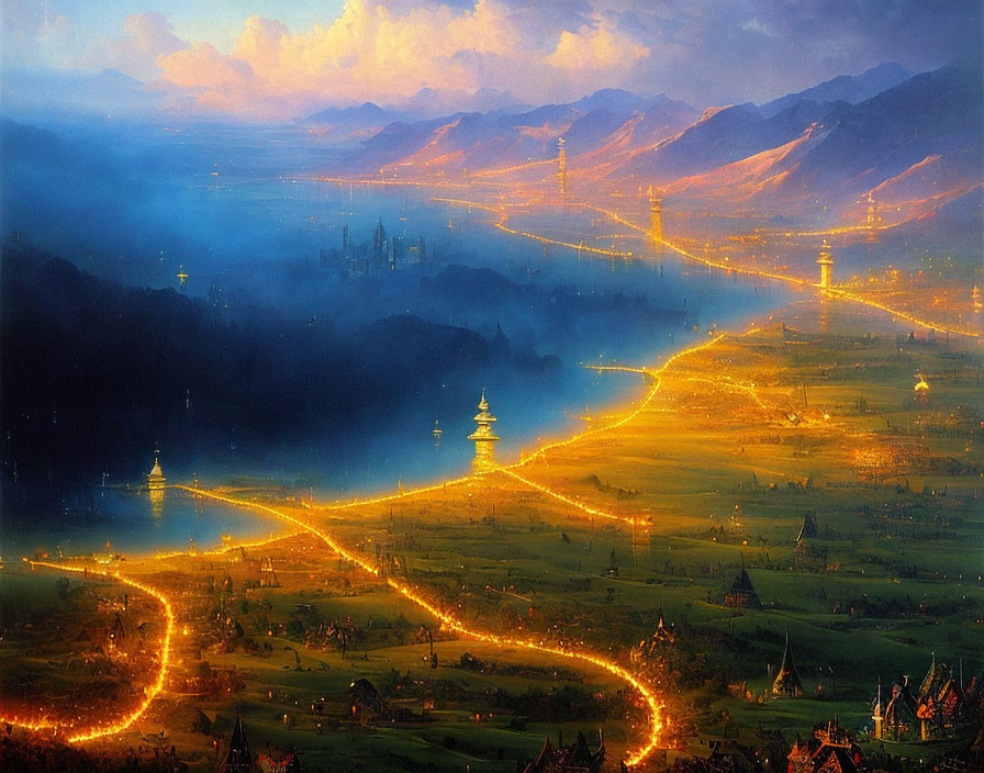 Majestic fantasy landscape with glowing golden path, green fields, mountains, and city under dusky