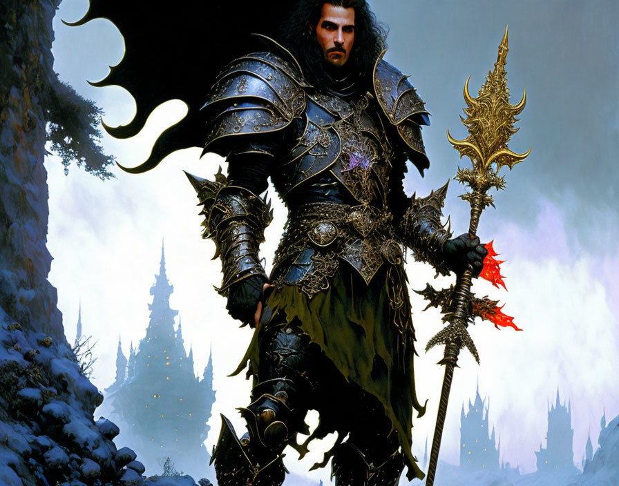 Fantasy warrior in black armor with golden staff before snowy castle