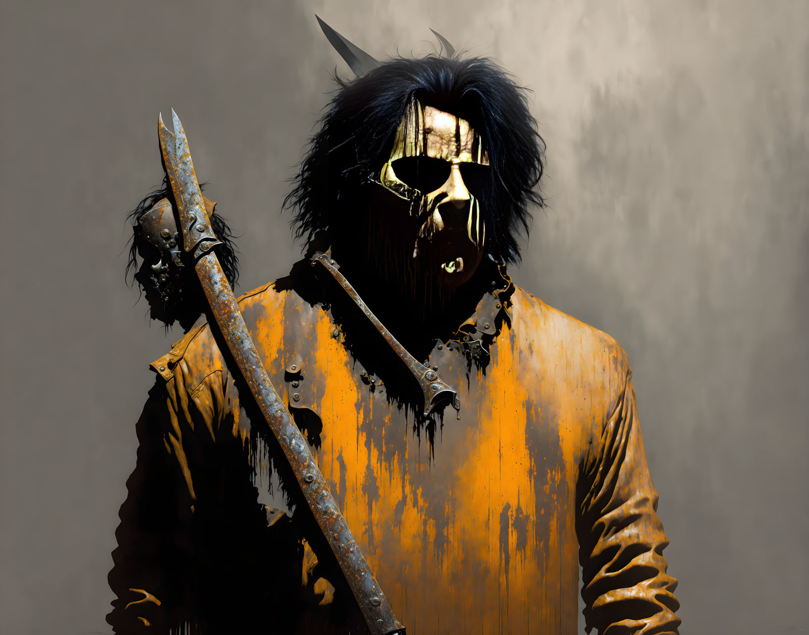 Person in Orange Shirt with Dark Mask and Rusty Weapon on Grey Background