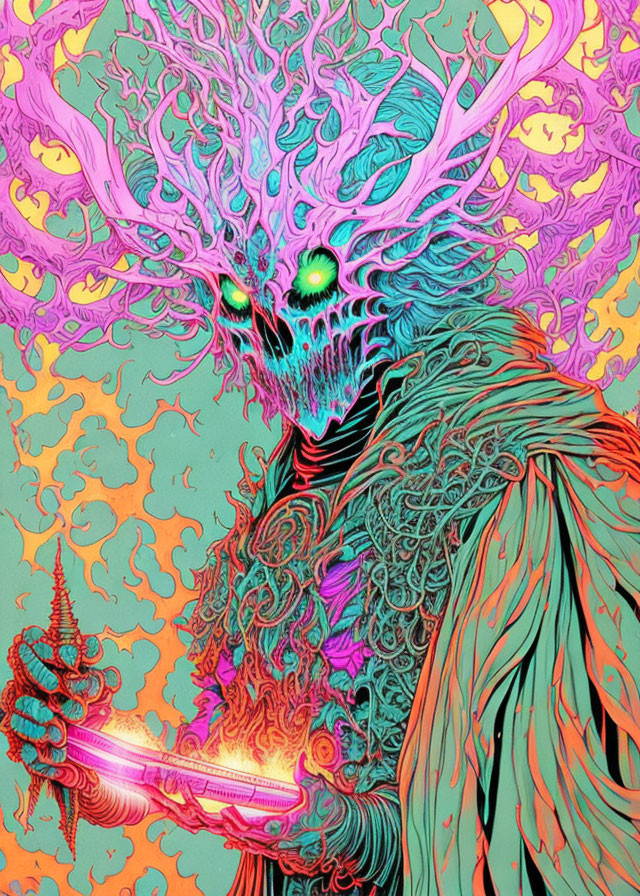 Colorful psychedelic illustration of fantastical creature with tree-like head and glowing staff on vivid background