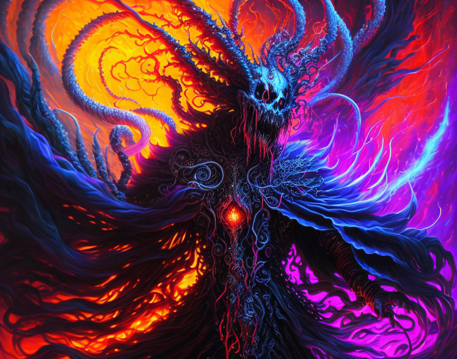 Colorful Fantastical Creature Painting with Glowing Eyes and Tentacles