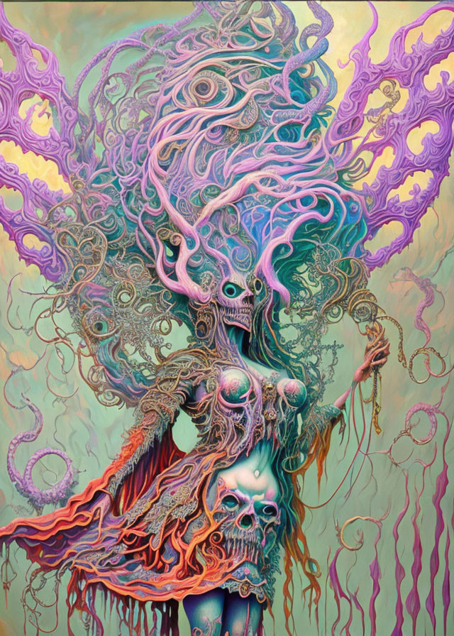 Colorful Psychedelic Artwork of Humanoid Figure with Tree-Like Features