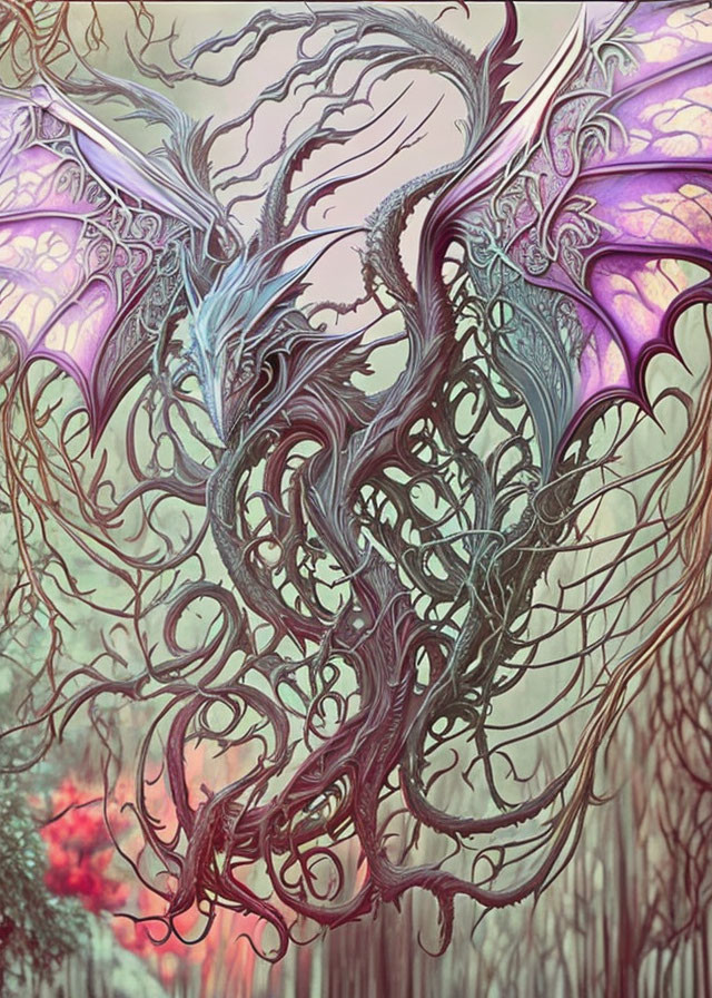 Fantastical dragon with expansive wings in colorful, eerie forest landscape