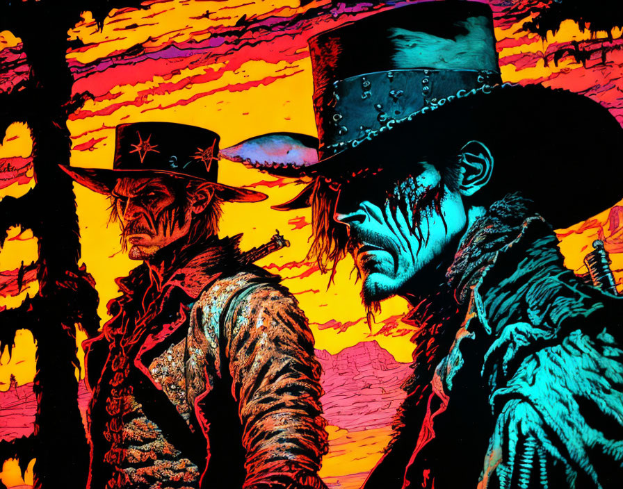 Silhouetted cowboys on red and yellow Wild West background