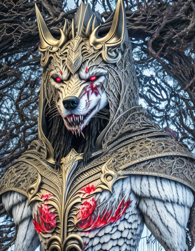 Golden-armored wolf-like creature with red eyes, feathered wings, and intricate designs.