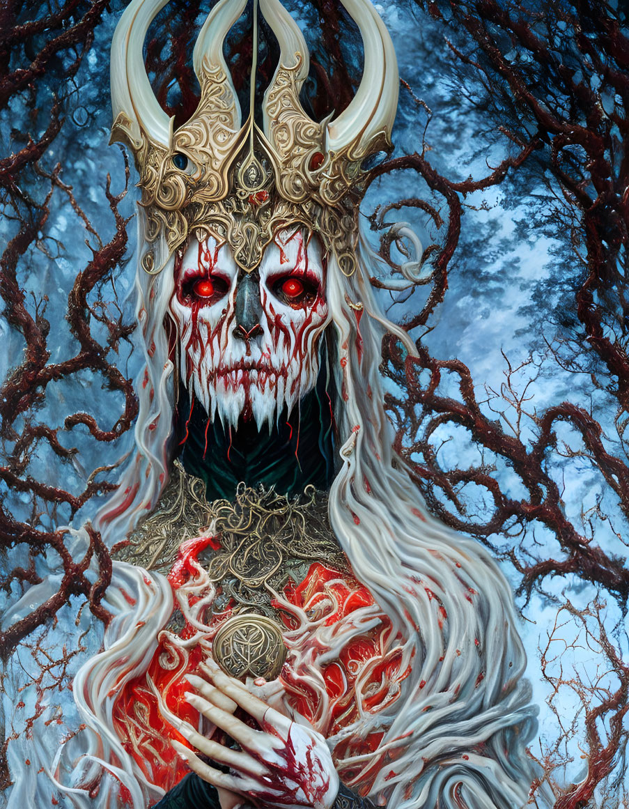 Fantastical creature with red eyes and ornate horns in eerie setting