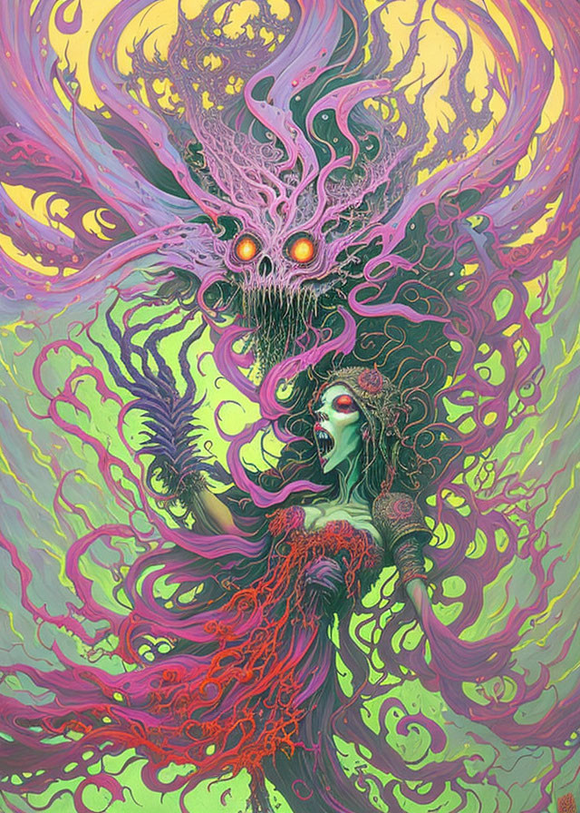 Surreal illustration of green-skinned female merging with tentacle-like patterns