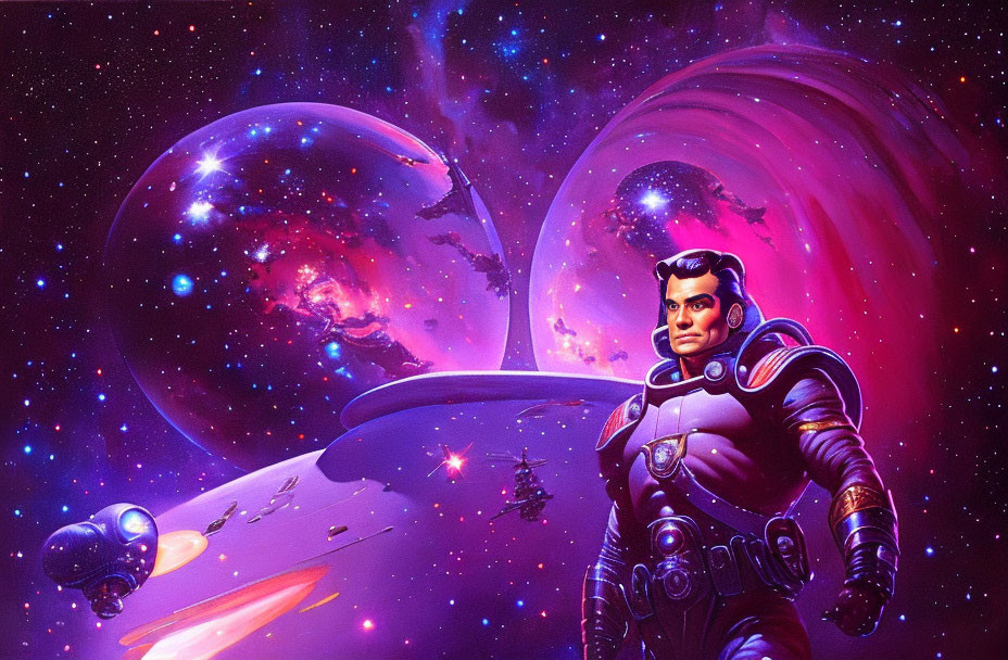 Stylized space adventurer in futuristic suit against cosmic backdrop