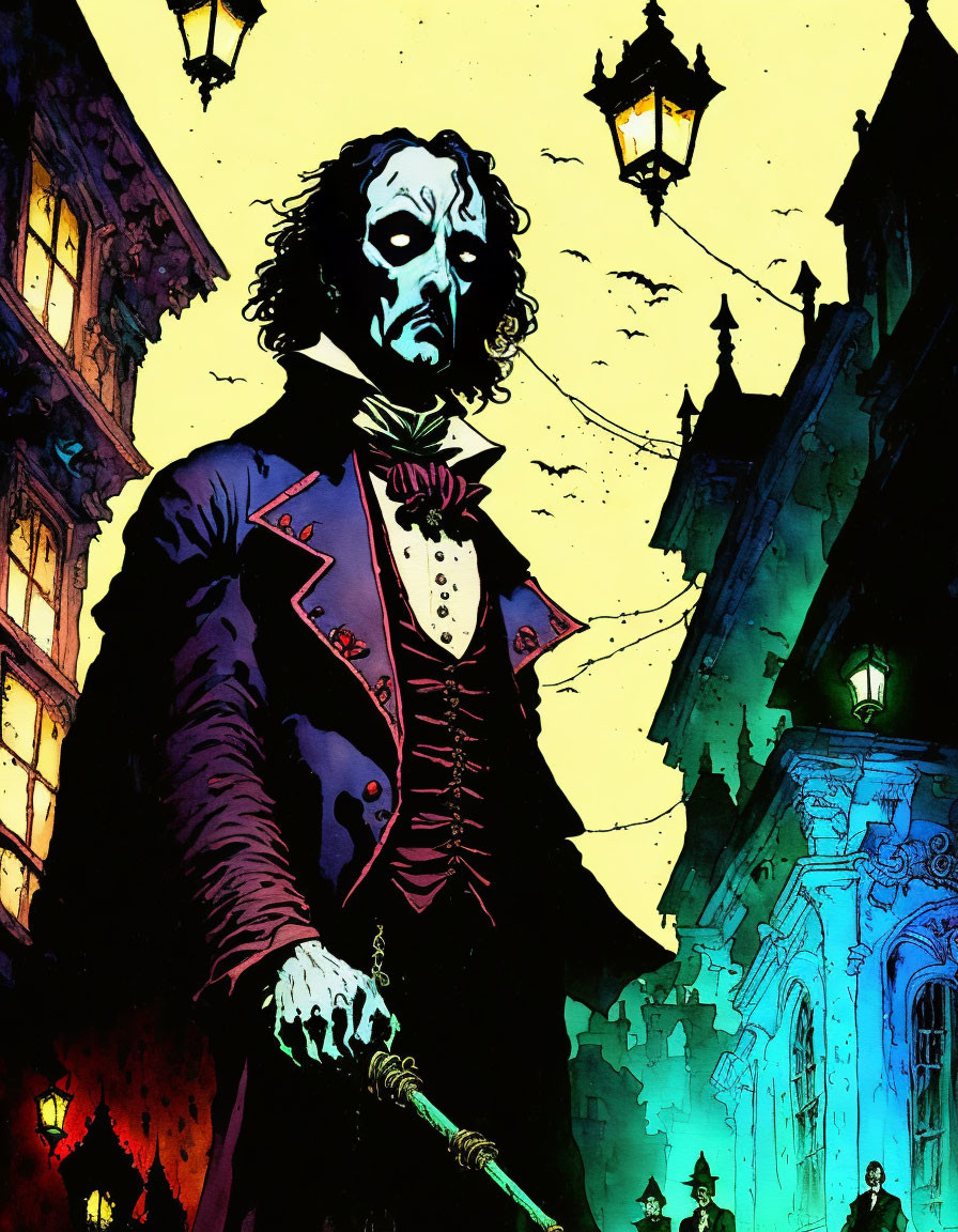 Illustration of gothic figure with pale face and dark eyes in lantern-lit street