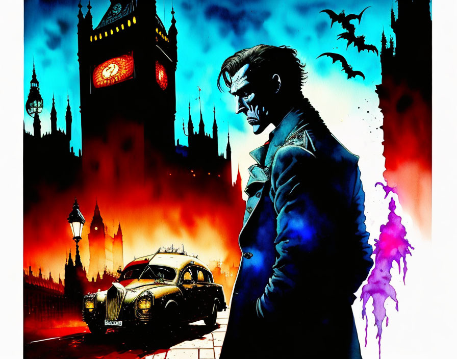 Sinister male figure with bloody smile in front of Big Ben, vintage car, and lamp posts