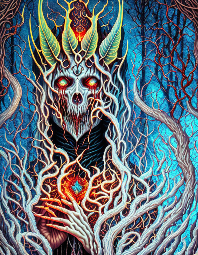 Mythical creature with horned skull head and glowing red eyes holding a heart, surrounded by blue