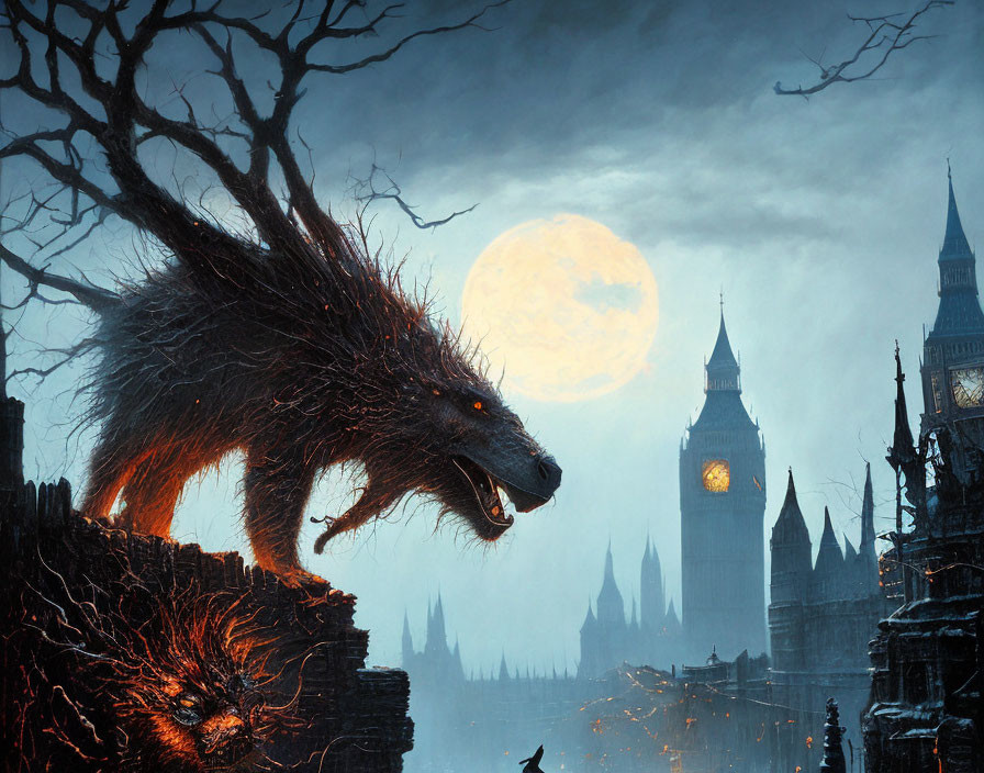 Monstrous wolf-like creature on gothic landscape with moon, castles, and trees.