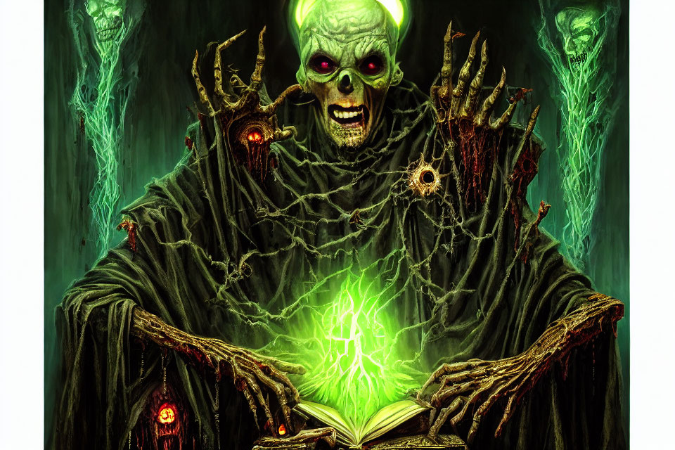 Sinister skeletal figure reading glowing book in eerie setting