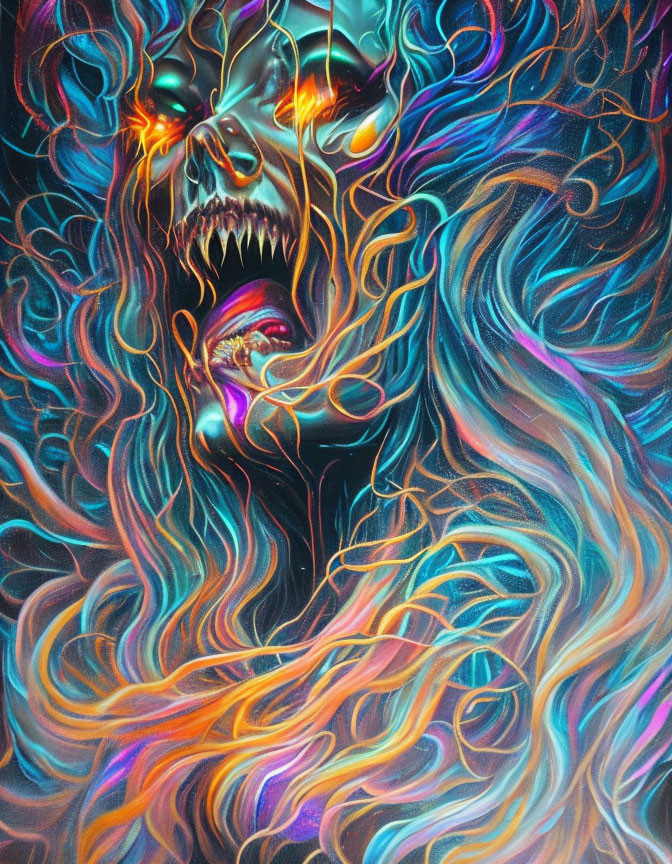 Colorful Psychedelic Skull Art with Glowing Eyes and Mouth