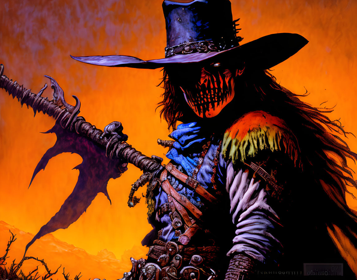 Sinister figure in cowboy hat and mask with spiked weapon against eerie sky