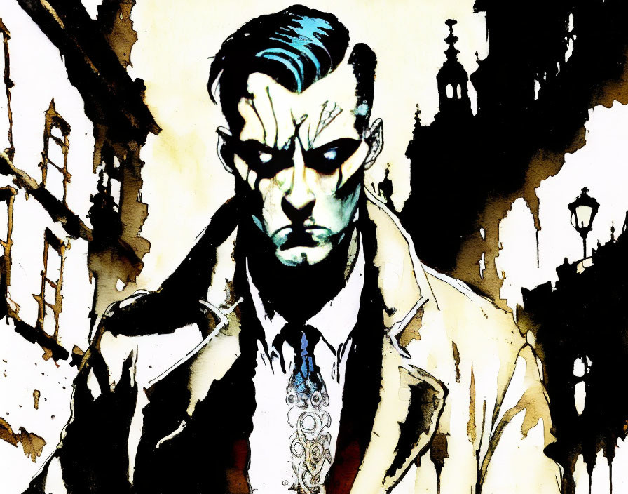 Detailed Gothic-themed man illustration with scar, blue hair, white attire, and lamppost backdrop.