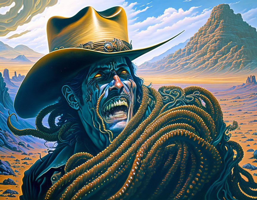 Menacing cowboy with tentacle-like appendages in desert landscape