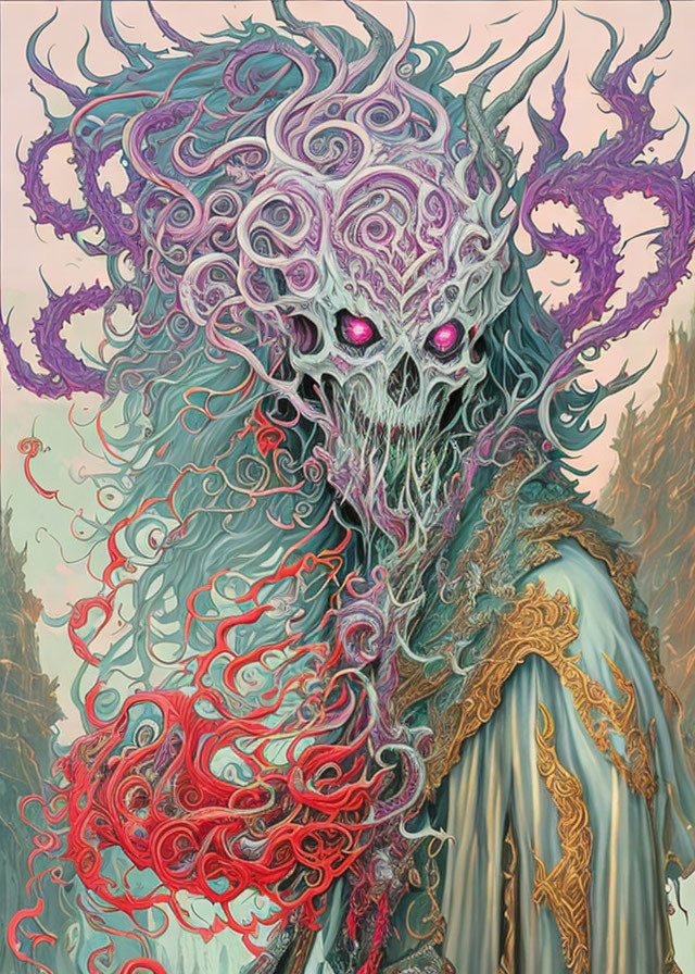 Fantastical creature with swirling tentacle-like hair and glowing red eyes