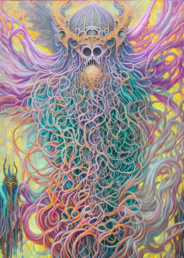 Colorful Psychedelic Artwork with Intricate Figure and Swirling Designs