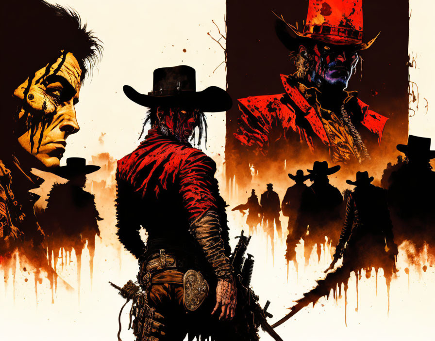 Stylized Wild West characters in vibrant red and black tones