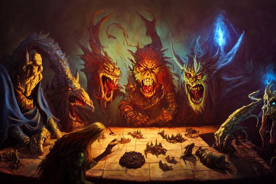 Fantasy-themed illustration of monstrous creatures around a chessboard