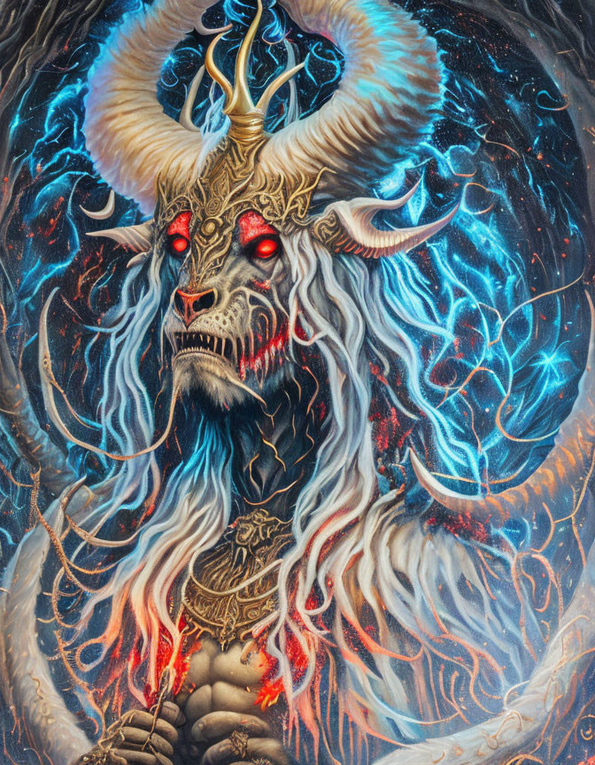 Fantasy illustration of creature with ram-like horns and glowing red eyes