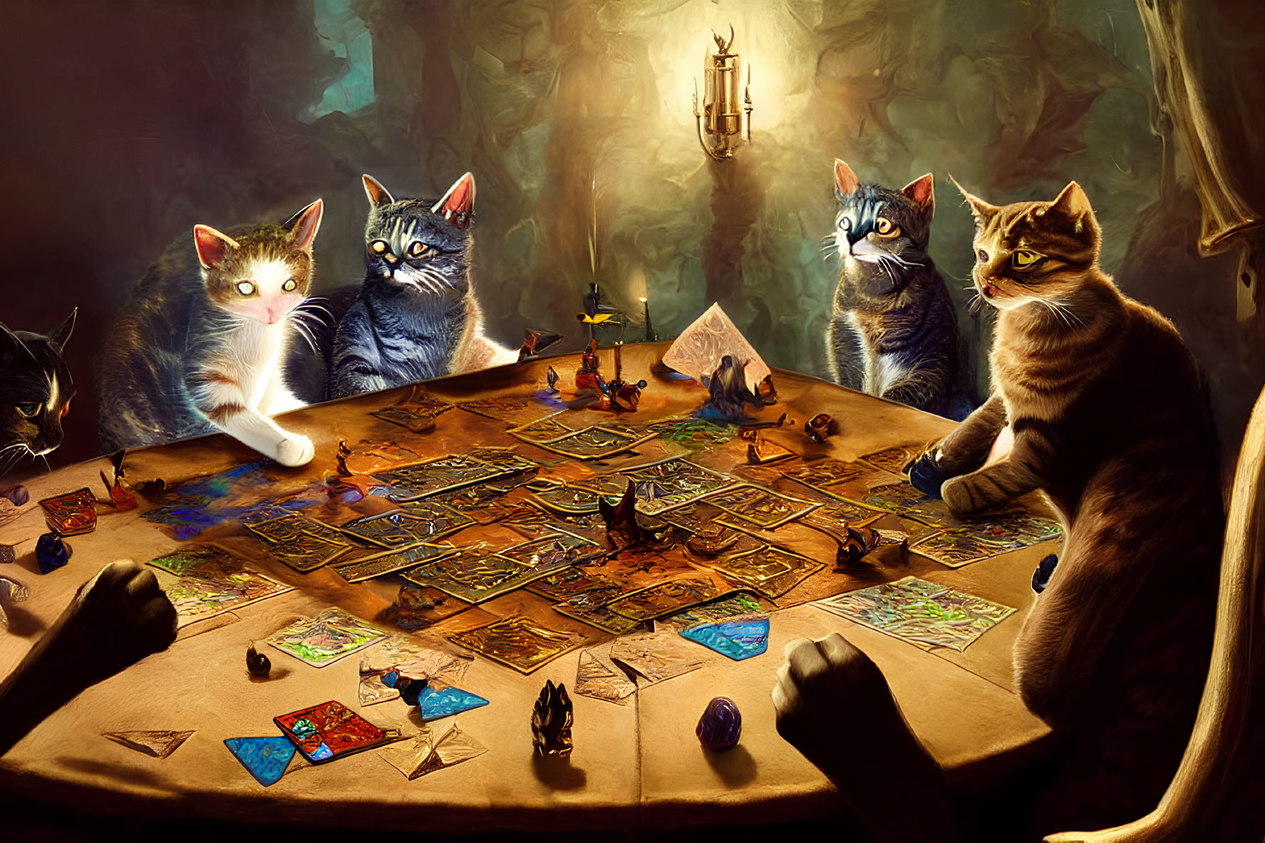 Four cats playing tabletop role-playing game with maps and dice