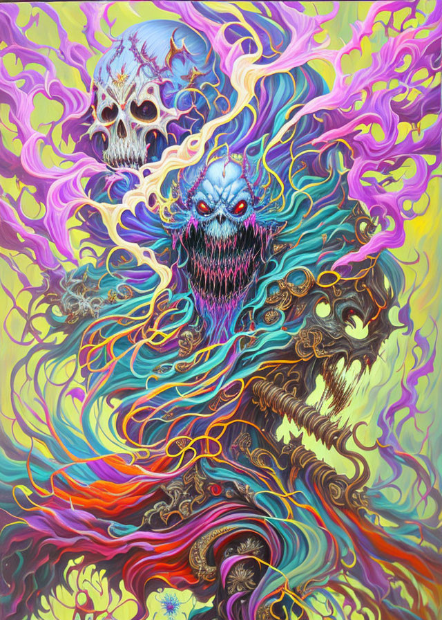 Colorful Psychedelic Art: Skull and Fantastical Creature in Swirling Patterns