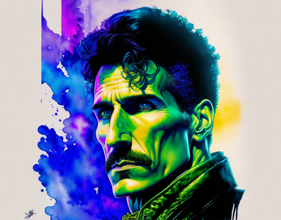 Colorful Pop Art Style Portrait Featuring Man with Mustache