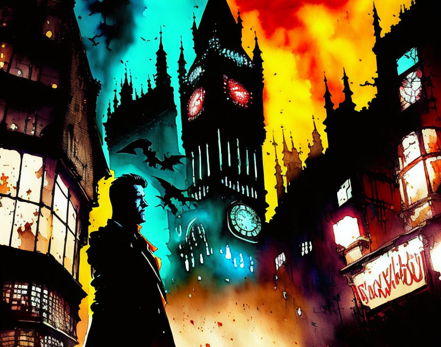 Colorful silhouette in front of Big Ben with fiery sky and gritty urban backdrop