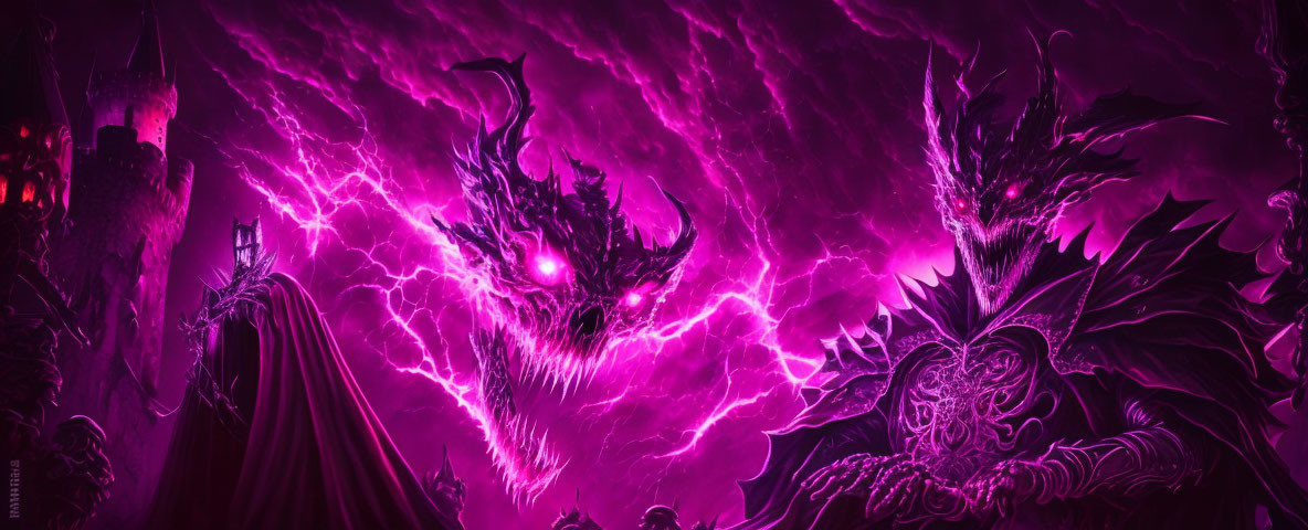 Purple fantasy scene with lightning, cloaked figure, castle, and menacing creatures.