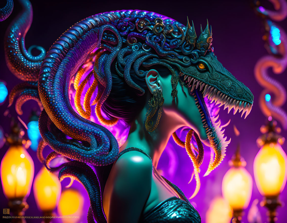 Colorful portrait featuring dragon headpiece and swirling tentacles in mystical setting