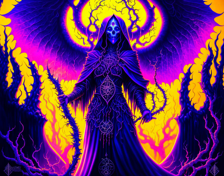 Hooded figure in mystical cloak with fiery backdrop and purple aura