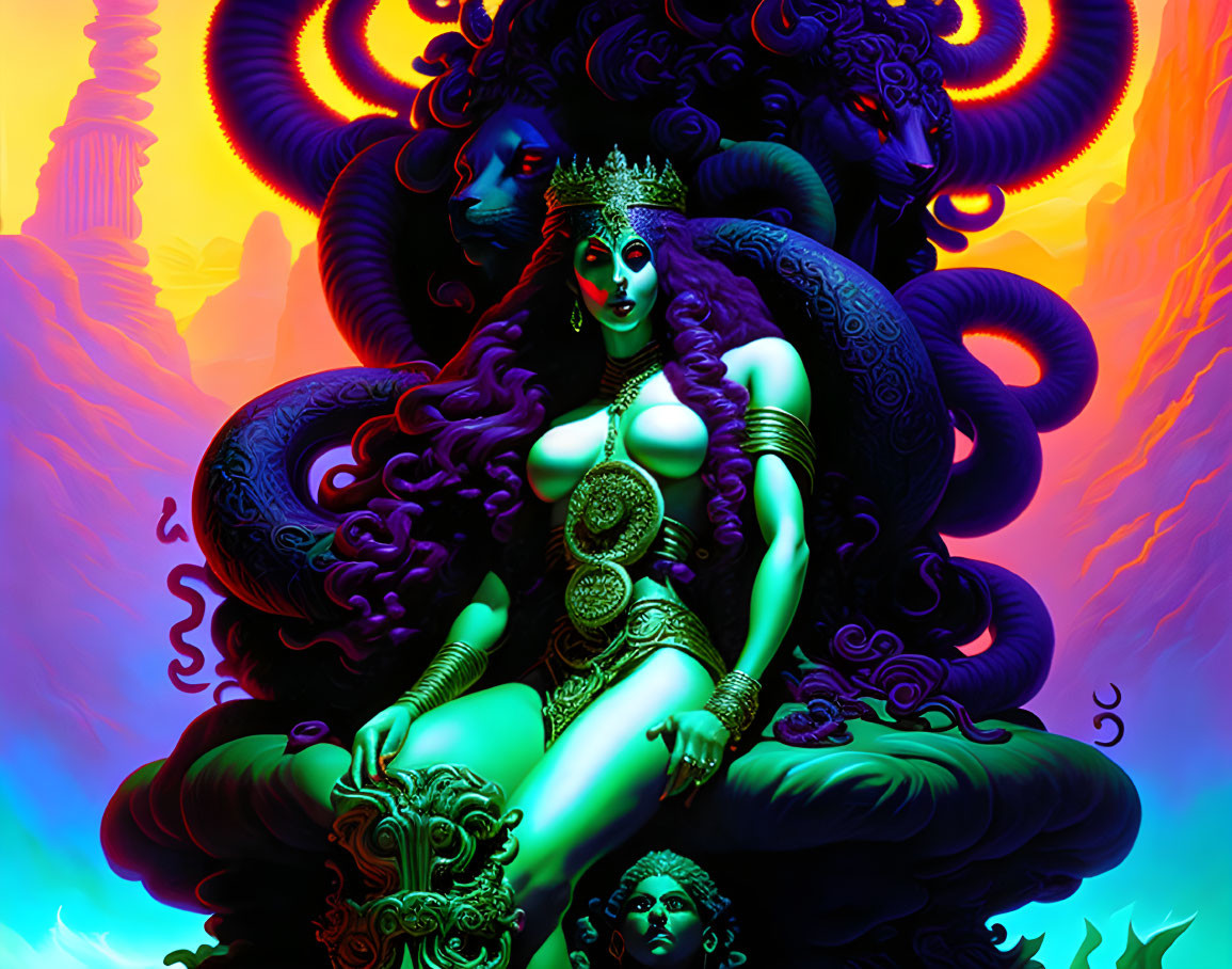 Colorful artwork of multi-armed female figure with mystical creatures and ancient architecture